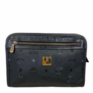 Authentic MCM Clutch Bag Black PVC Used Handbag Vintage On Sale